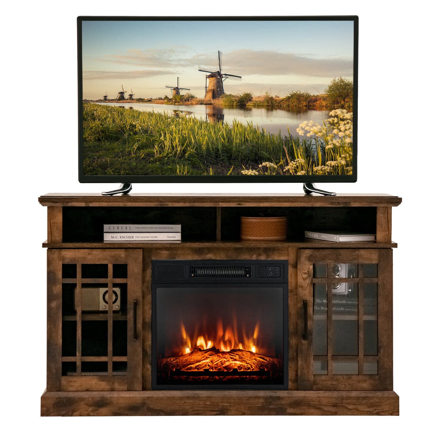 Mueble de TV con chimenea eléctrica de 48 pulgadas con gabinetes para televisores de hasta 55 pulgadas - Marrón