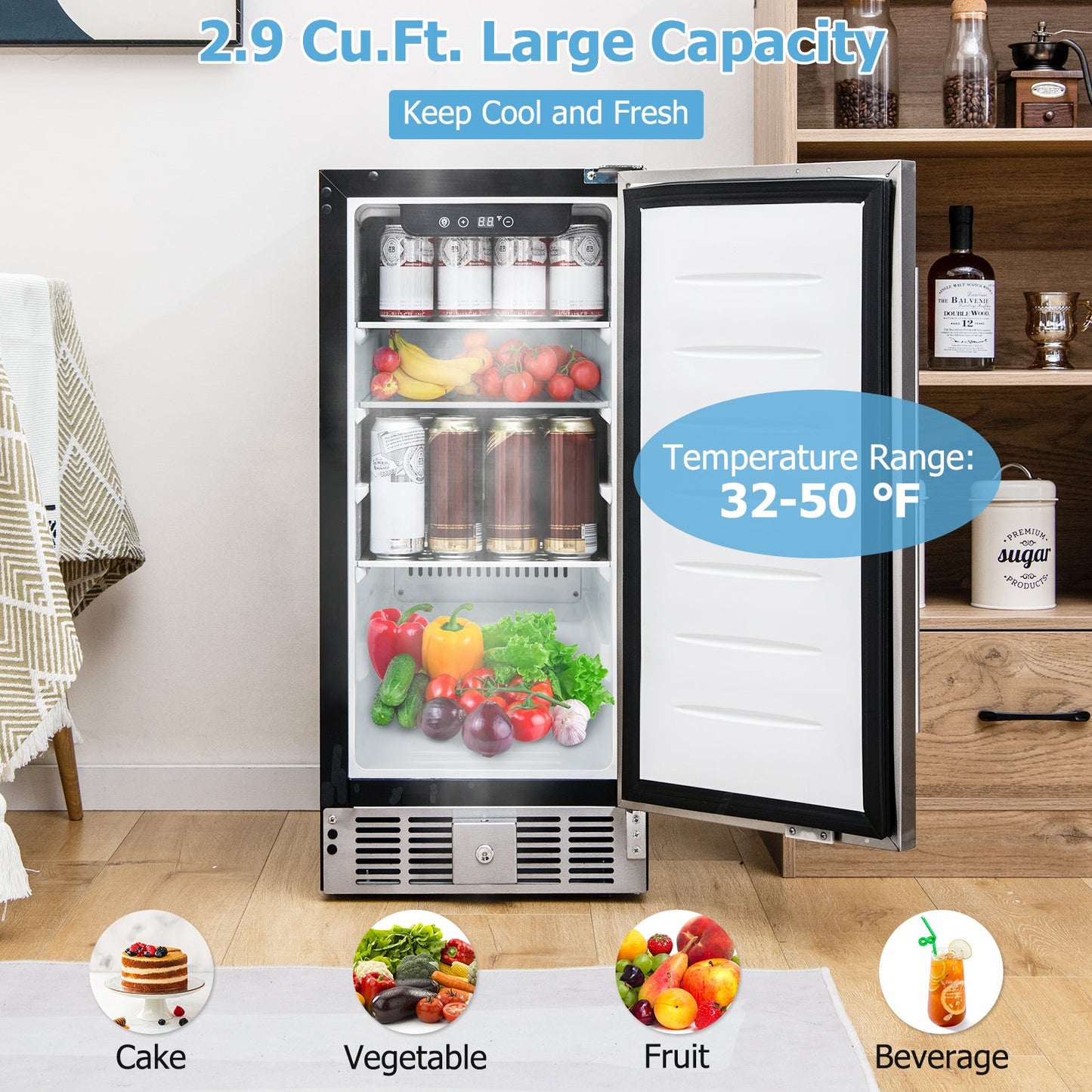 Refrigerador compacto con termostato ajustable y puerta de acero inoxidable-Plateado