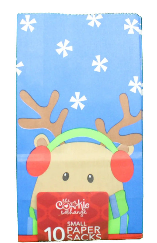 Paper Treat Sacks Reindeer set of ten blue sacks with white snowflakes and cartoon reindeer on Tampa Home & Garden Store