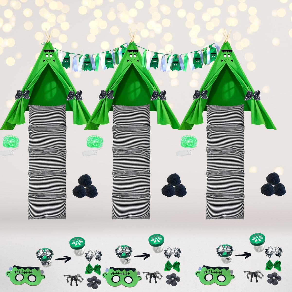Frankenstein Sleepover Kit with green teepees and garland by Chicky Chicky Bling Bling on Tampa Home & Garden Store