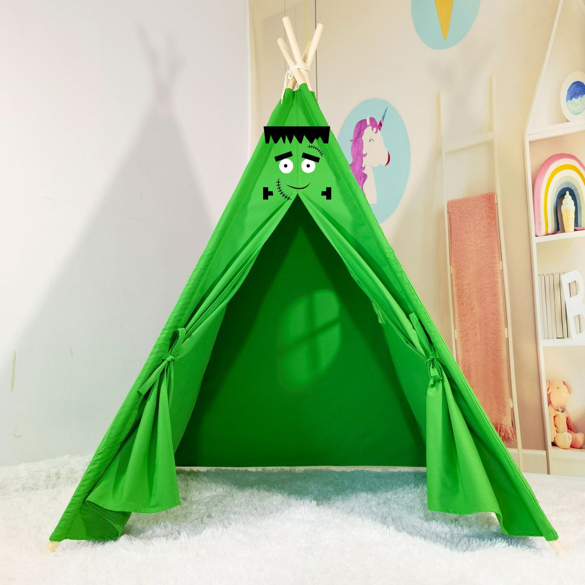 Frankenstein Halloween Party Supplies Sleepover Pack in a bright green teepee with monster face on Tampa Home & Garden Store
