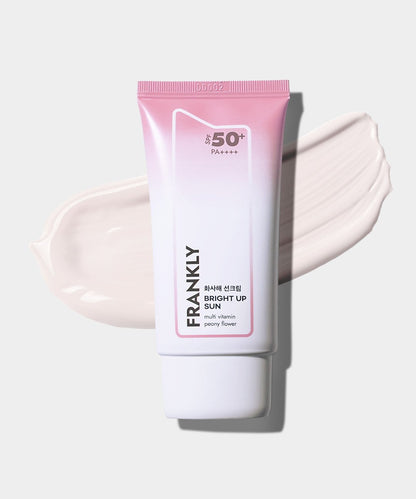 FRANKLY Bright Up Sun SPF50+ PA++++ sunscreen tube by Seoulia, pink-white gradient, 50ml on Tampa Home & Garden Store