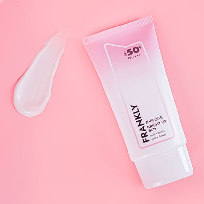 FRANKLY Bright Up Sun SPF50+ PA++++ 50ml sunscreen tube by Seoulia with pink gradient packaging on Tampa Home & Garden Store
