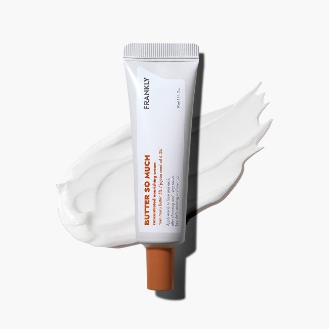 FRANKLY Butter So Much Nourishing Cream 30ml white tube with brown cap, cream smear behind on Tampa Home & Garden Store