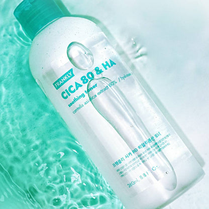 FRANKLY CICA 80 & HA toner bottle by Seoulia, clear plastic with teal print, 260ml on Tampa Home & Garden Store