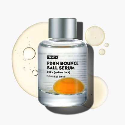 Seoulia Frankly PDRN Bounce Ball Serum bottle, clear glass, silver cap with orange ball inside on Tampa Home & Garden Store