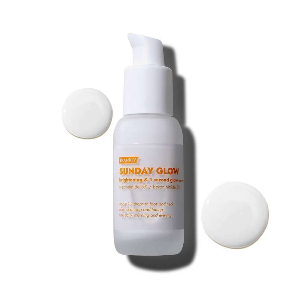 FRANKLY Sunday Glow serum bottle Seoulia, 37ml with pump, white plastic, discs nearby on Tampa Home & Garden Store