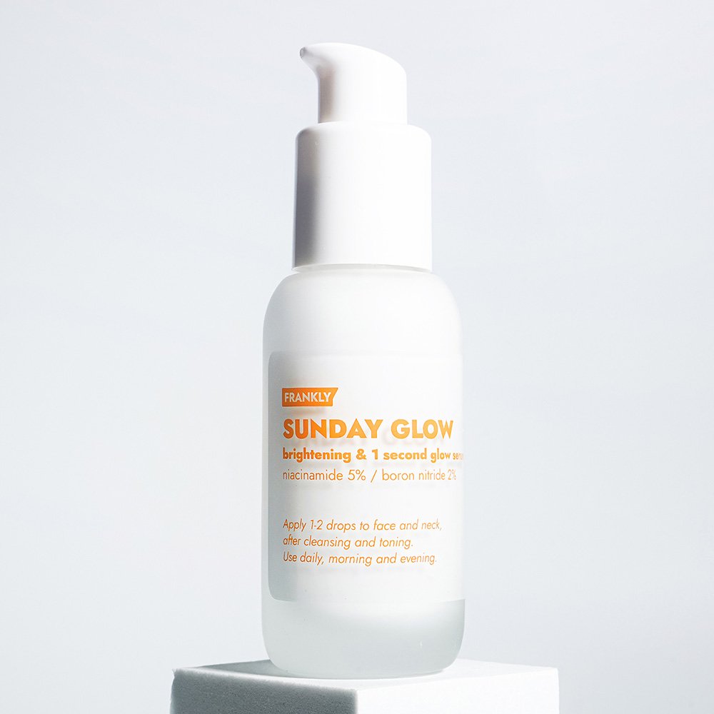 FRANKLY Sunday Glow serum bottle by Seoulia, white plastic pump, 37ml, face serums on Tampa Home & Garden Store