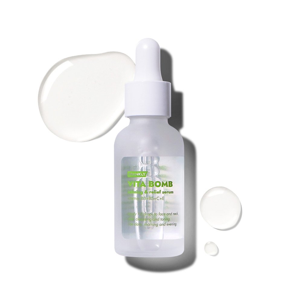 FRANKLY Vita Bomb Serum bottle with dropper, frosted glass, green label Seoulia face serum on Tampa Home & Garden Store