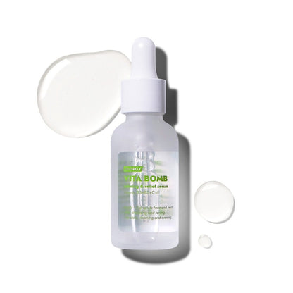 FRANKLY Vita Bomb Serum bottle with dropper, frosted glass, green label Seoulia face serum on Tampa Home & Garden Store