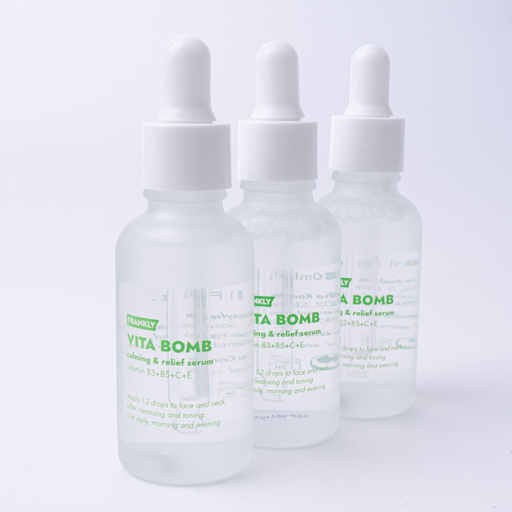 FRANKLY Vita Bomb Serum calming & relief serum trio of 30ml glass dropper bottles on Tampa Home & Garden Store