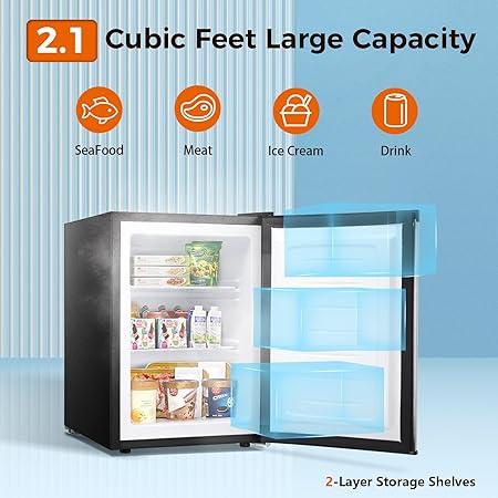 Kismile Upright Freezer black exterior white interior 2-layer storage shelves open-door with groceries on Tampa Home & Garden Store