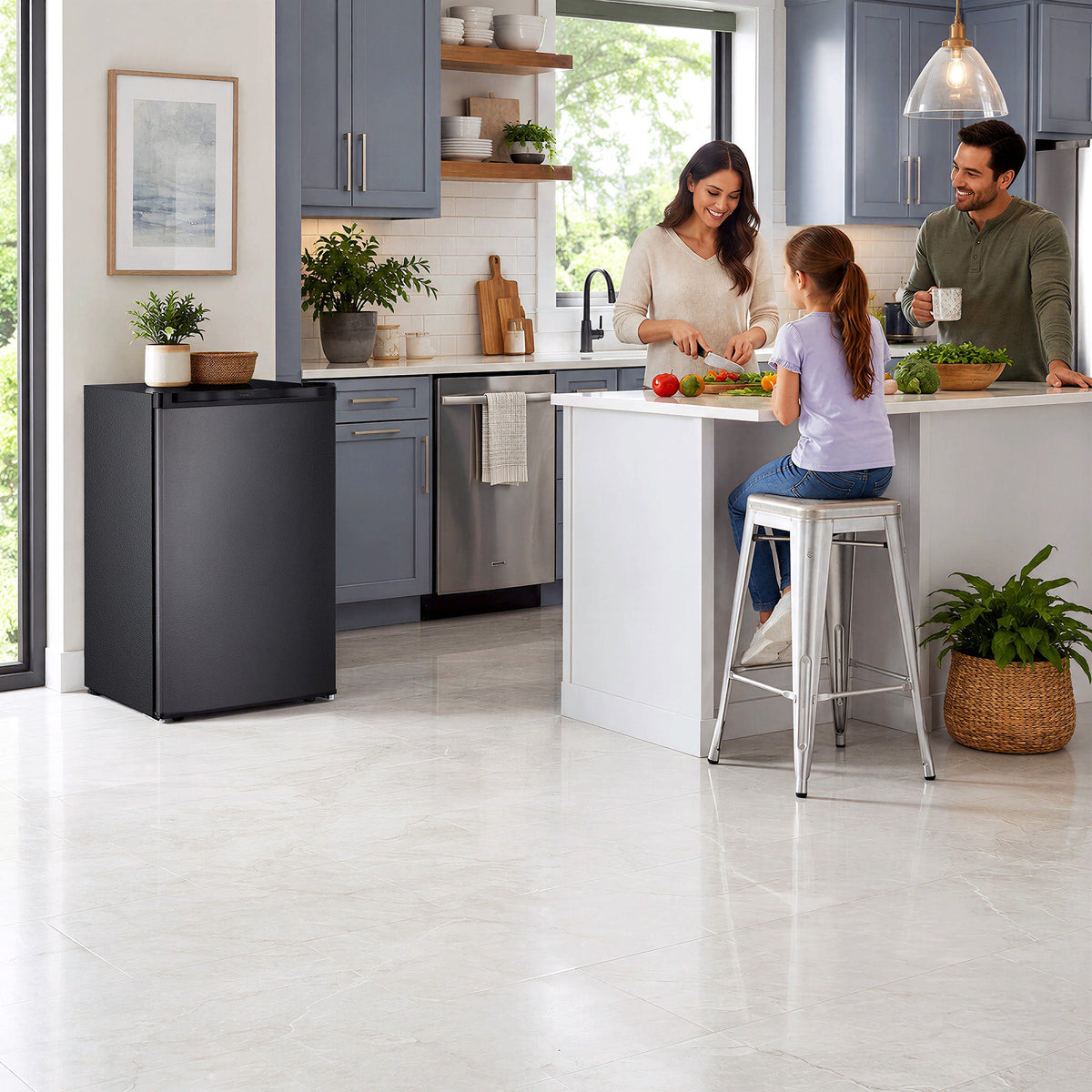 Free Standing Upright Freezer With Shelf by Kismile, matte black finish in a modern kitchen on Tampa Home & Garden Store