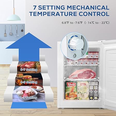 Kismile upright freezer, white with 7-setting temp control and open door showing frozen food on Tampa Home & Garden Store