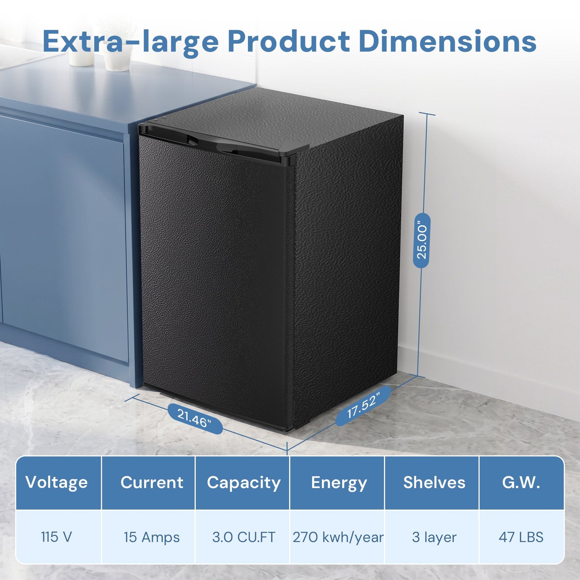 Kismile upright freezer black textured exterior beside blue cabinet on Tampa Home & Garden Store