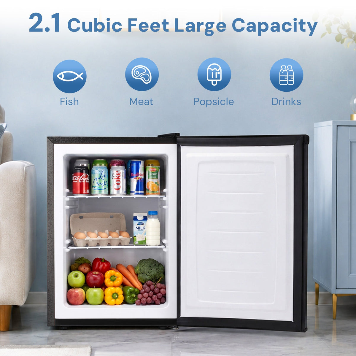 Kismile upright freezer with white interior stocked with eggs milk drinks fruits vegetables on Tampa Home & Garden Store