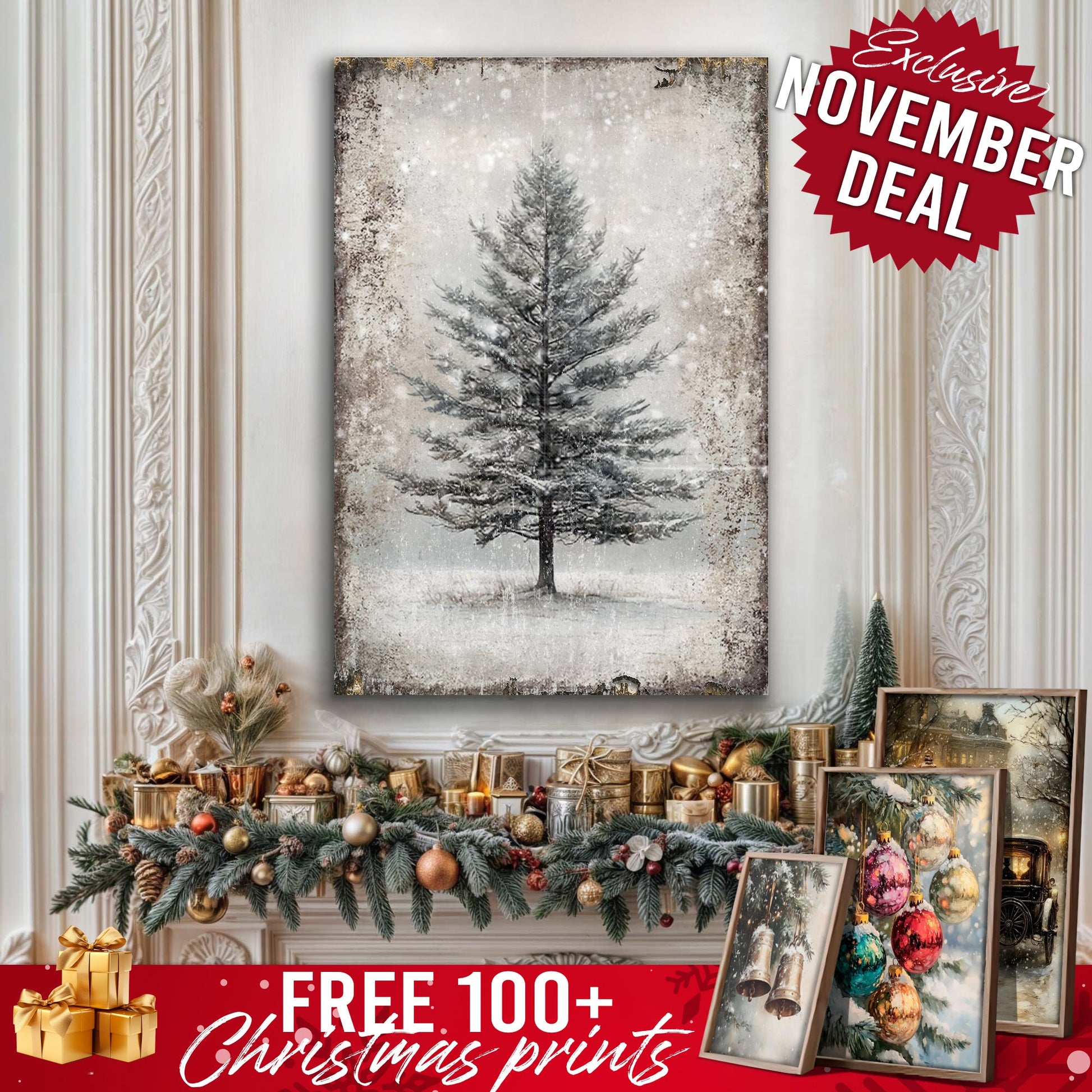 Vintage Christmas Tree Wall Art canvas by Tailored Canvases with snowy, rustic finish on Tampa Home & Garden Store