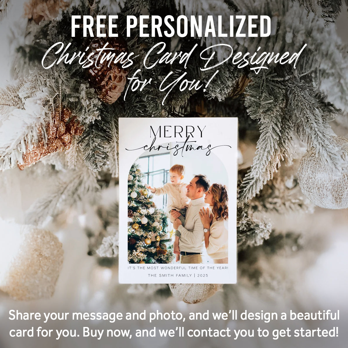 Vintage Christmas Tree Wall Art canvas with a family portrait card beside a frosted tree on Tampa Home & Garden Store
