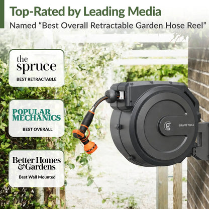 Retractable Garden Hose Reel by Giraffe Tools with orange hose and auto rewind on Tampa Home & Garden Store