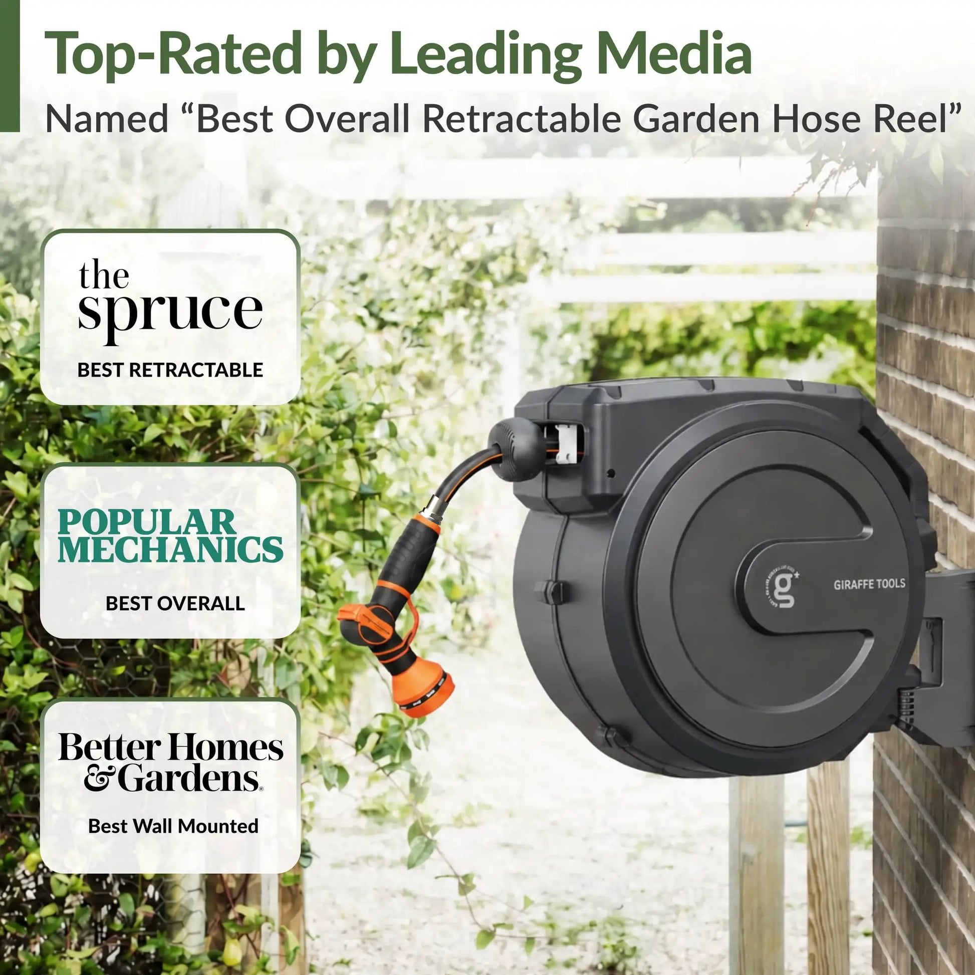Retractable Garden Hose Reel by Giraffe Tools, black housing with orange hose, wall mount on Tampa Home & Garden Store