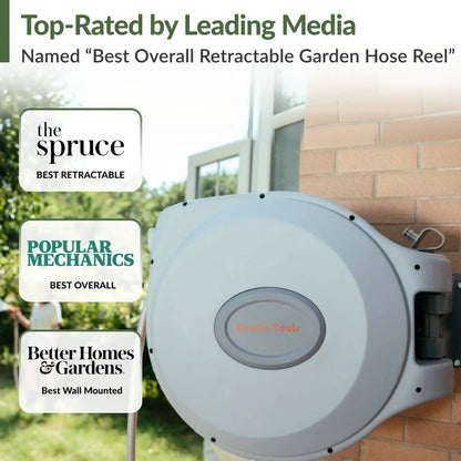 Retractable Garden Hose Reel 65 ft 5/8 in Giraffe Tools wall-mounted gray reel on Tampa Home & Garden Store