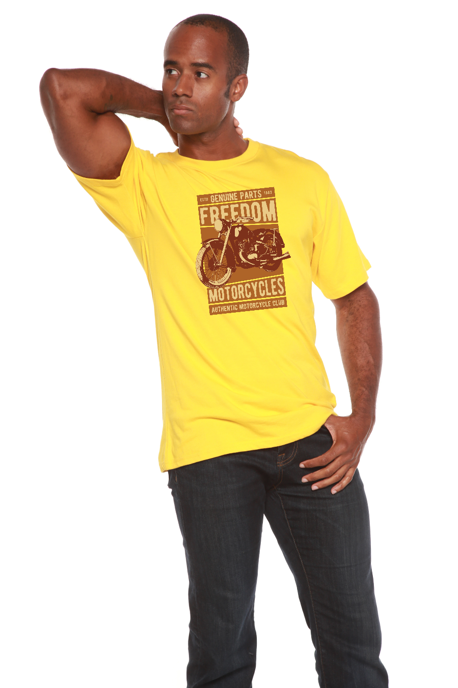 Freedom Motorcycles men's bamboo tee in bright yellow with brown motorcycle print on Tampa Home & Garden Store