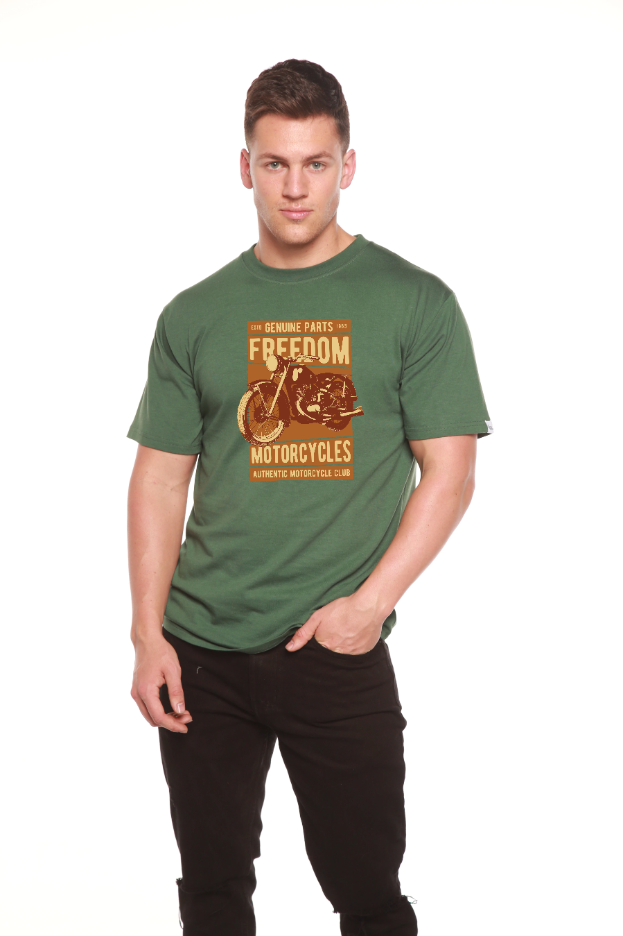 Mens green bamboo viscose/organic cotton graphic T-shirt with vintage motorcycle print on Tampa Home & Garden Store