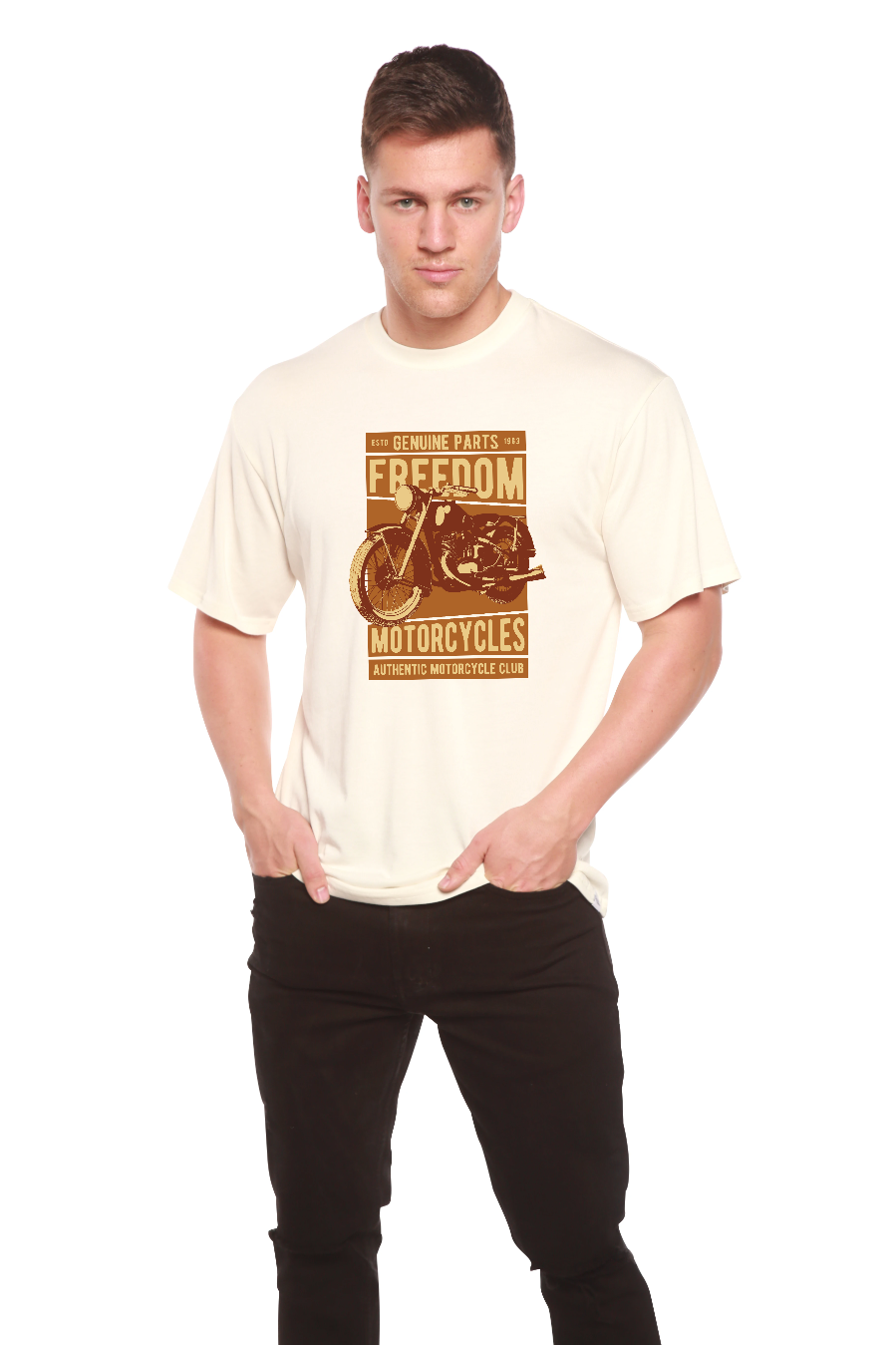 Freedom Motorcycles bamboo viscose tee with brown motorcycle on beige on Tampa Home & Garden Store