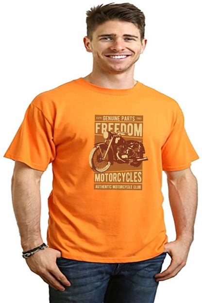 Men's orange graphic T-shirt by Spun Bamboo with Freedom Motorcycles print bamboo viscose cotton on Tampa Home & Garden Store
