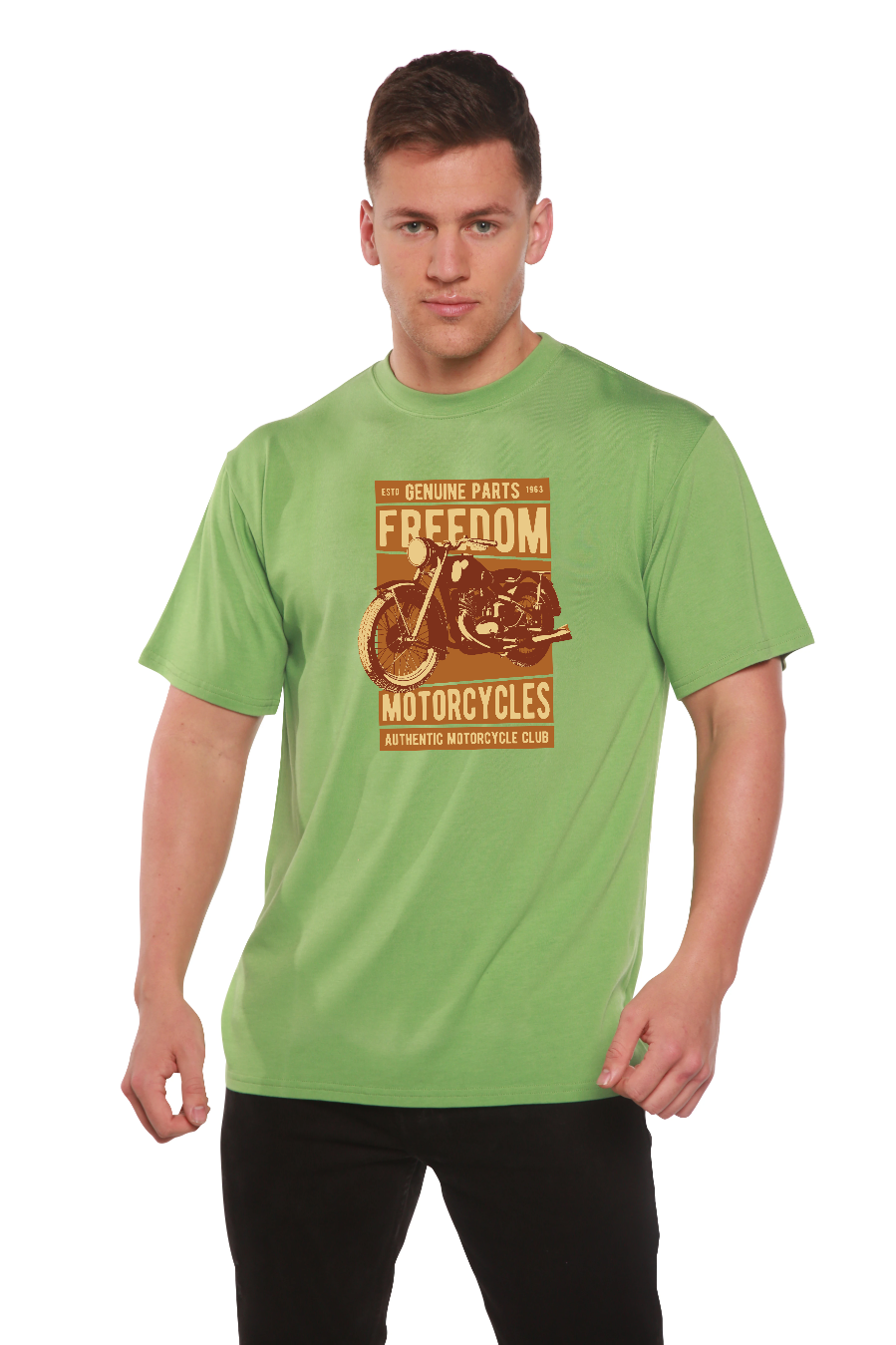 Men's bamboo T-shirt with lime green graphic motorcycle print by Spun Bamboo on Tampa Home & Garden Store
