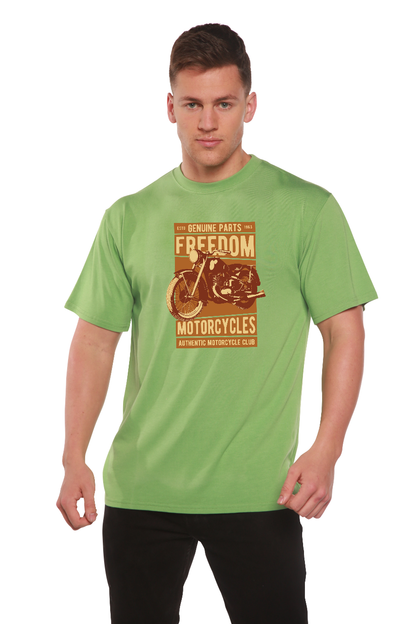 Men's bamboo T-shirt with lime green graphic motorcycle print by Spun Bamboo on Tampa Home & Garden Store