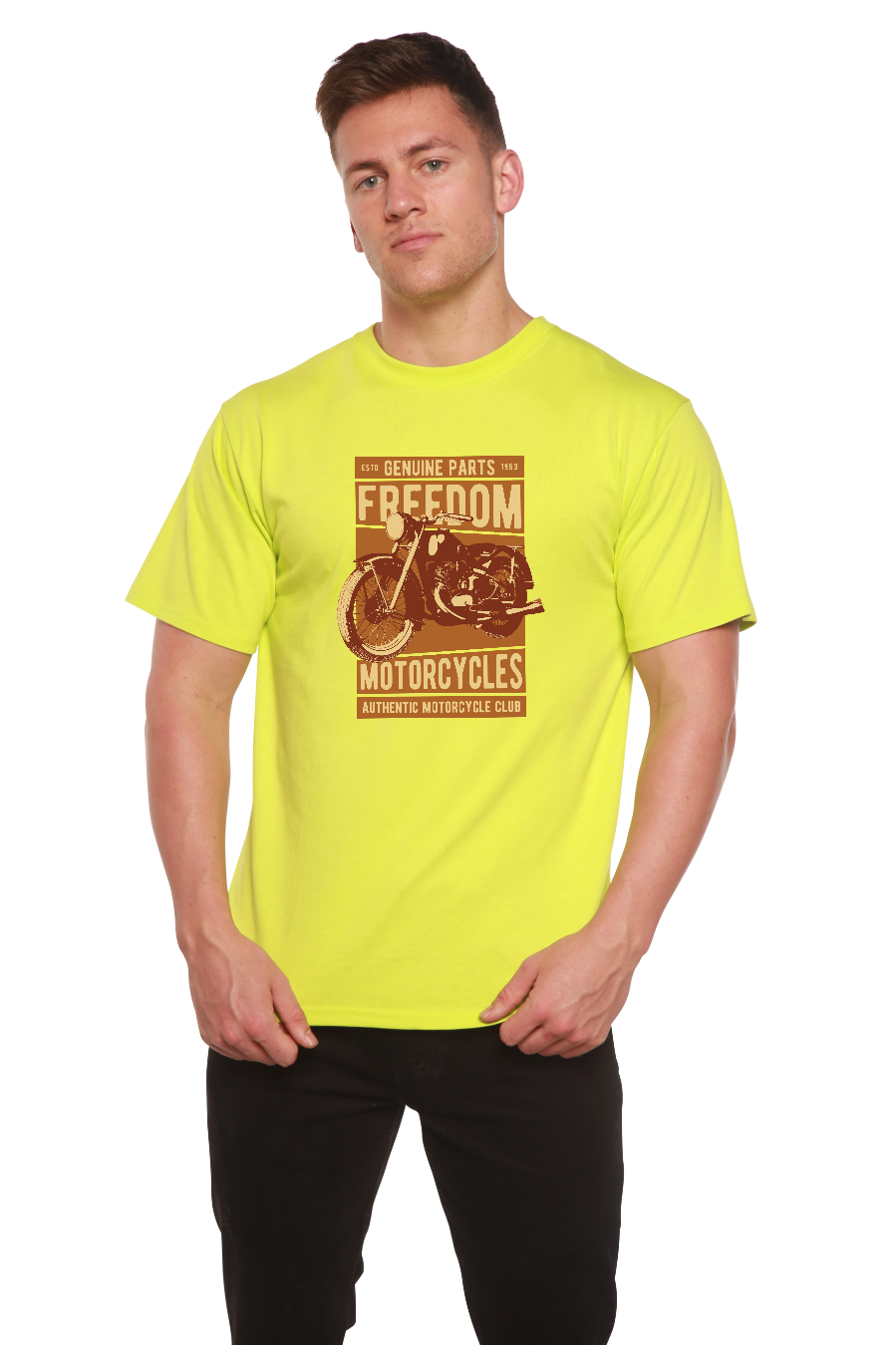 Mens neon yellow graphic tee by Spun Bamboo with motorcycle print Freedom Motorcycles on Tampa Home & Garden Store