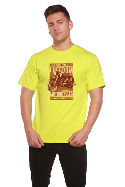 Mens neon yellow graphic tee by Spun Bamboo with motorcycle print Freedom Motorcycles on Tampa Home & Garden Store