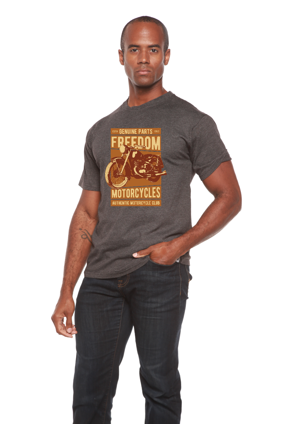 Freedom Motorcycles men's bamboo viscose/organic cotton charcoal tee with vintage motorcycle print on Tampa Home & Garden Store