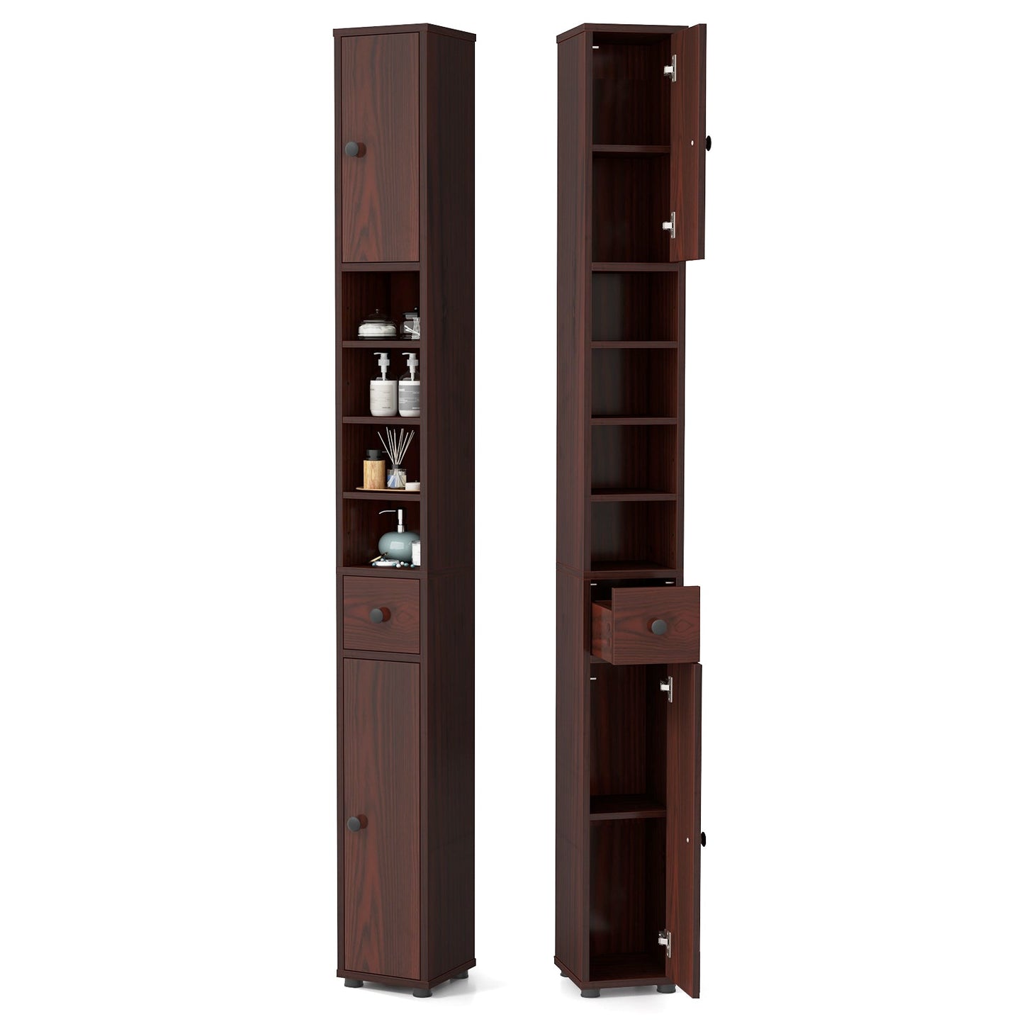 Mueble de baño estrecho independiente con cajón y estantes ajustables - Marrón