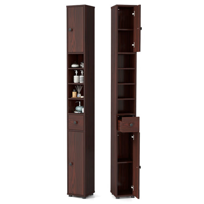 Mueble de baño estrecho independiente con cajón y estantes ajustables - Marrón