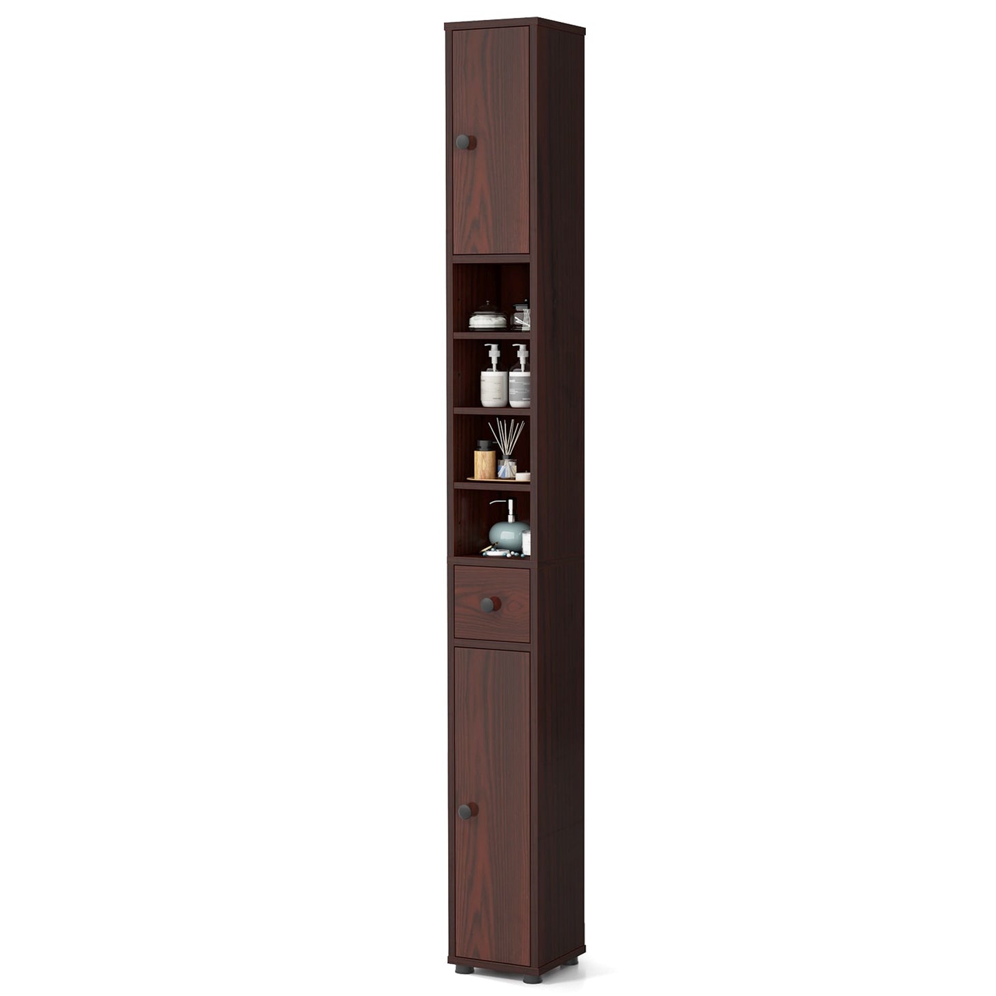 Mueble de baño estrecho independiente con cajón y estantes ajustables - Marrón