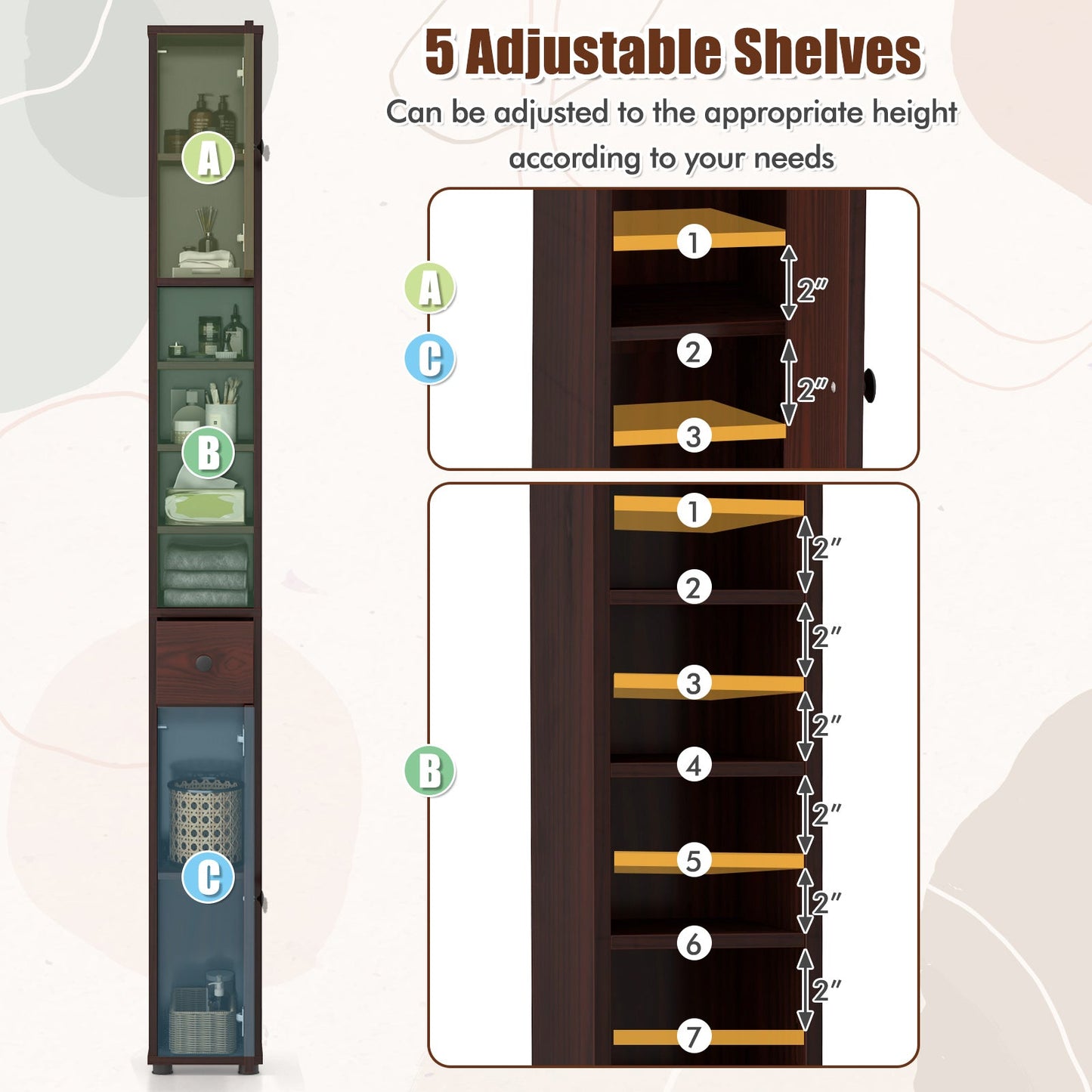 Mueble de baño estrecho independiente con cajón y estantes ajustables - Marrón