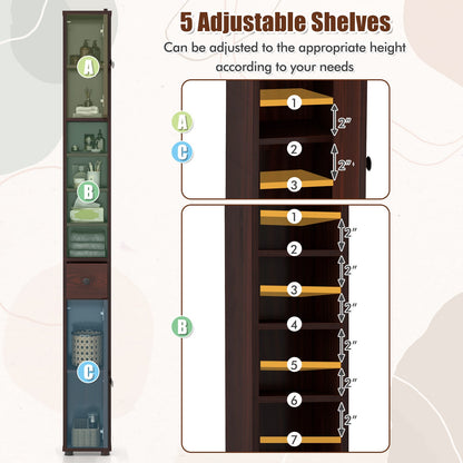 Mueble de baño estrecho independiente con cajón y estantes ajustables - Marrón