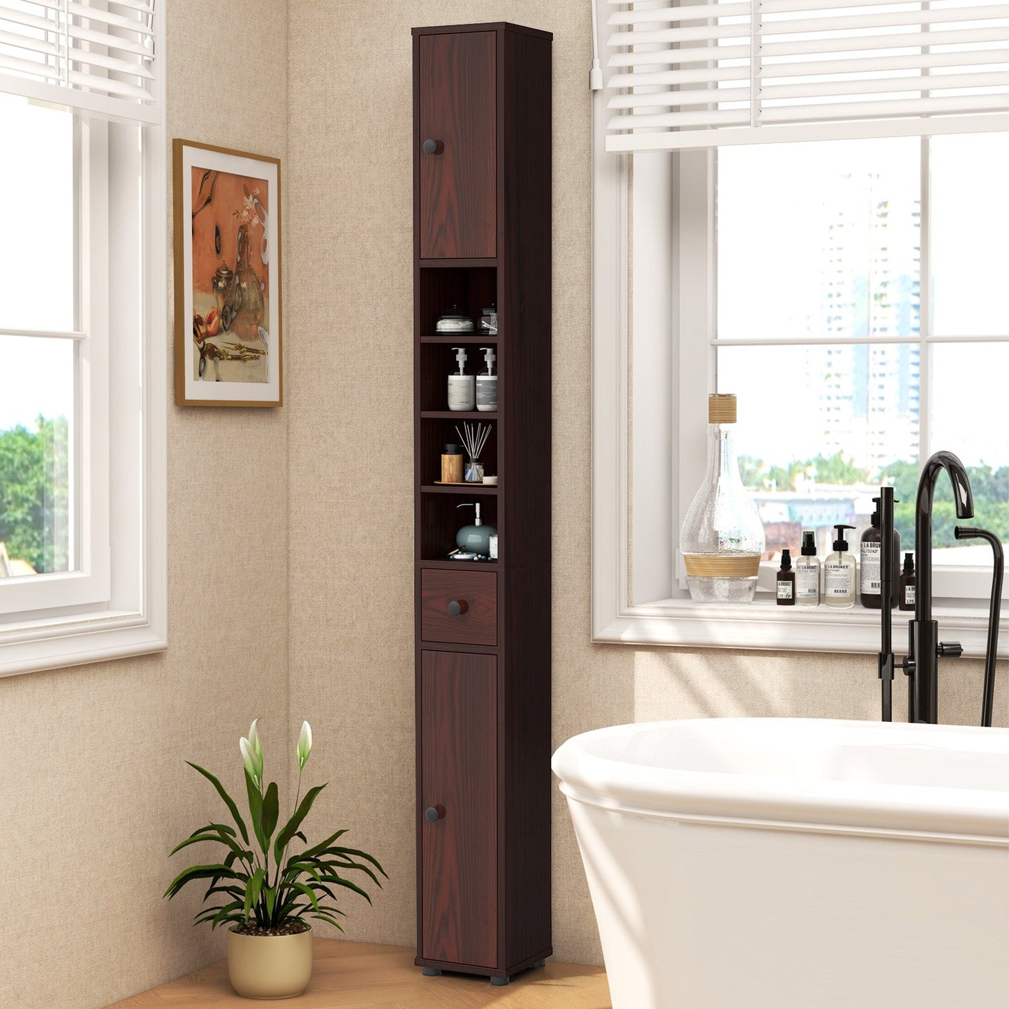 Mueble de baño estrecho independiente con cajón y estantes ajustables - Marrón
