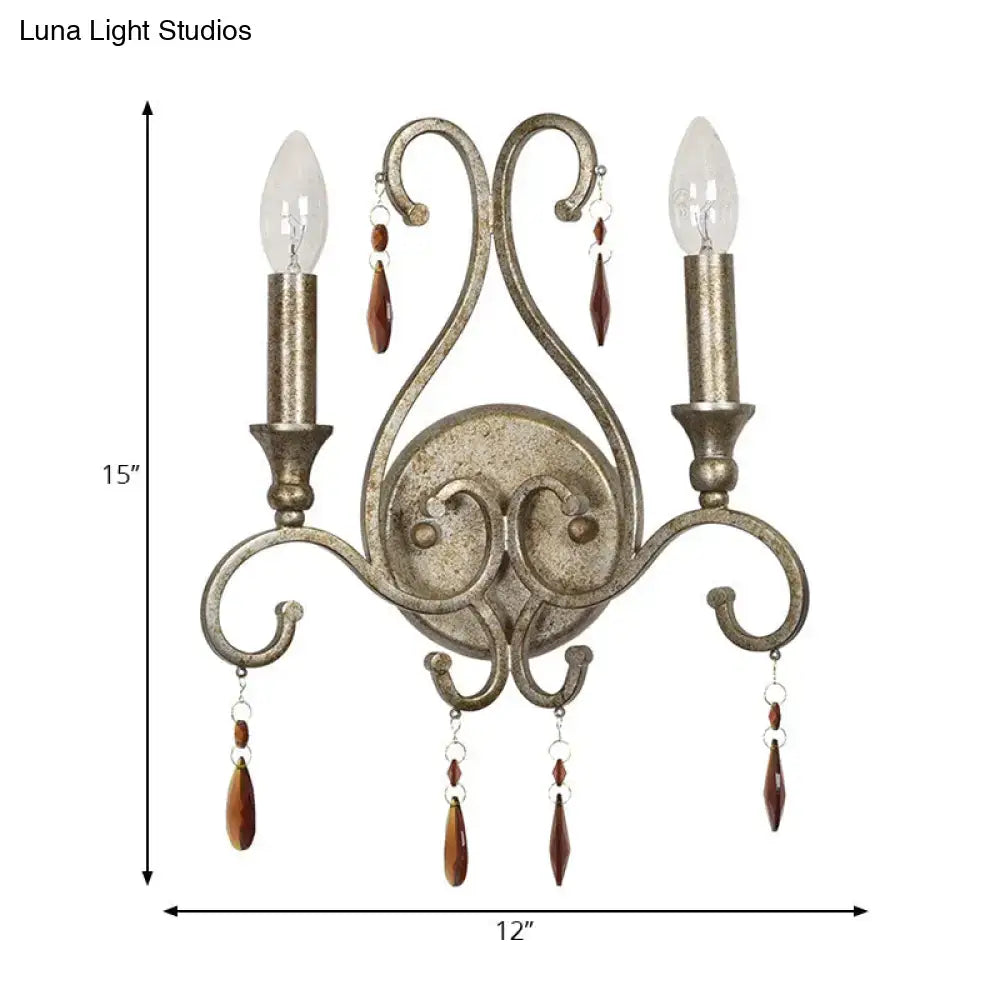 Aged silver crystal wall lamp two-light candle sconce with ornate backplate amber drops on Tampa Home & Garden Store