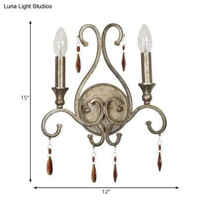 Aged silver crystal wall lamp two-light candle sconce with ornate backplate amber drops on Tampa Home & Garden Store