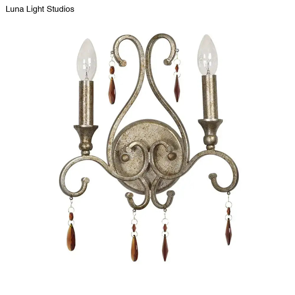 Aged Silver Crystal Wall Lamp two-light French Country metal sconce with amber drops Decorbites on Tampa Home & Garden Store