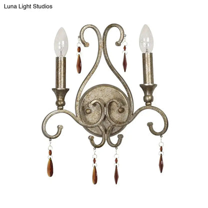 Aged Silver Crystal Wall Lamp two-light French Country metal sconce with amber drops Decorbites on Tampa Home & Garden Store