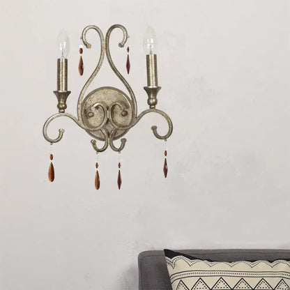 Aged Silver Crystal Wall Lamp with candle bulbs and red drops on Tampa Home & Garden Store