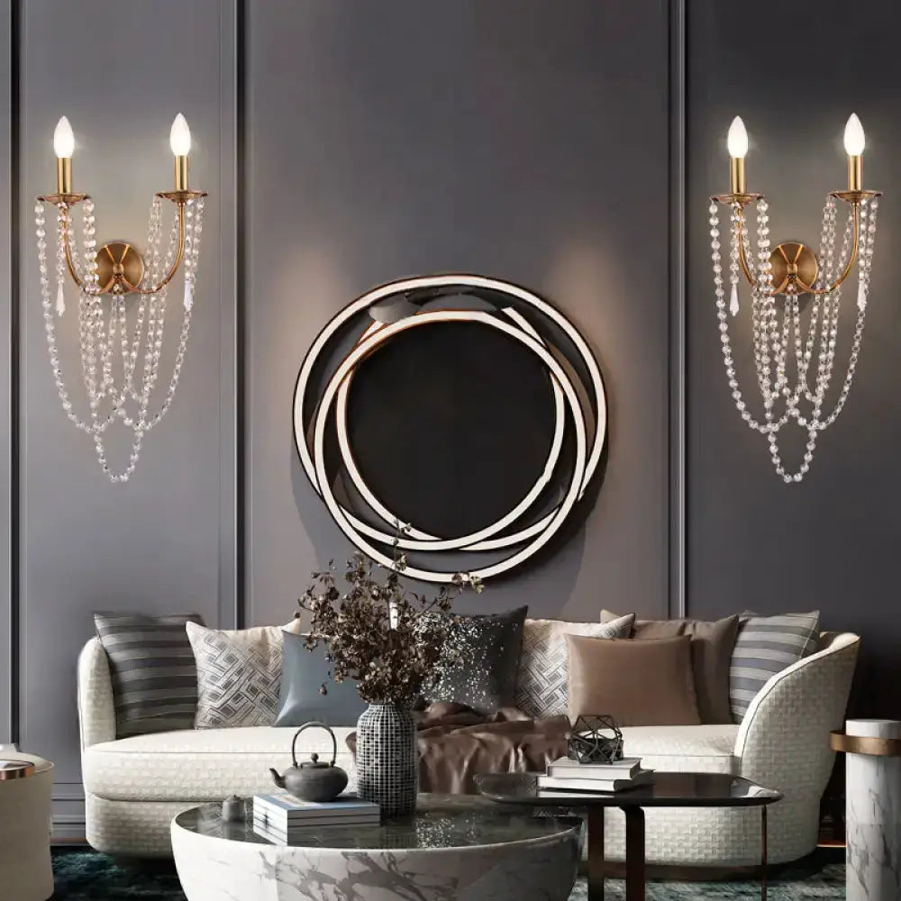 French country brushed brass clear crystal wall lamp sconce by Decorbites with bead strands on Tampa Home & Garden Store