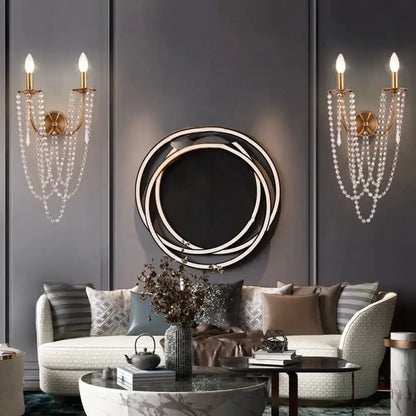 French country brushed brass clear crystal wall lamp sconce by Decorbites with bead strands on Tampa Home & Garden Store