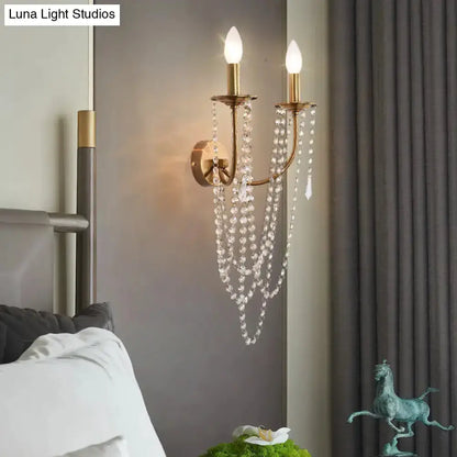 Decorbites French country brushed brass clear crystal wall lamp sconce with twin candle bulbs on Tampa Home & Garden Store