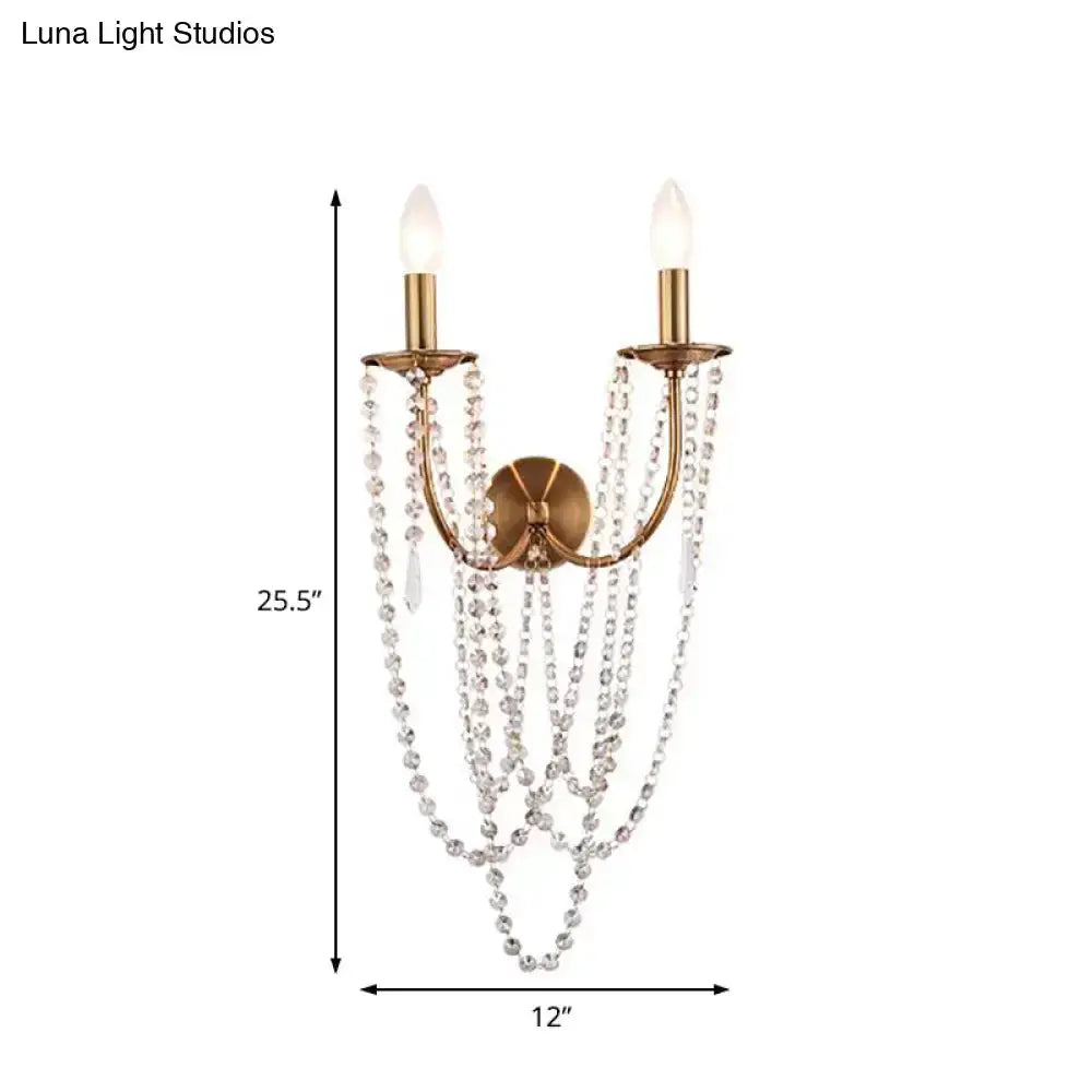 French country brushed brass crystal two-arm bedroom wall sconce Decorbites with hanging beads on Tampa Home & Garden Store