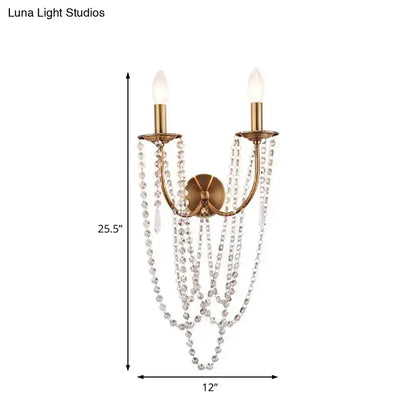 French country brushed brass crystal two-arm bedroom wall sconce Decorbites with hanging beads on Tampa Home & Garden Store